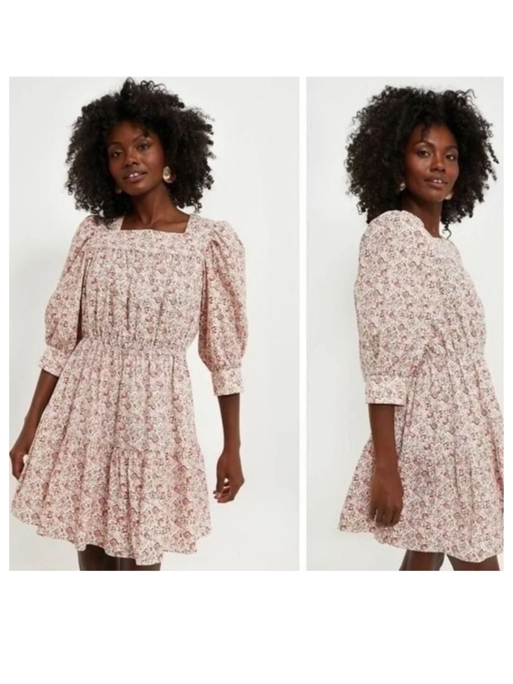 Pink Floral Square-Neck Smocked Waist Dress
